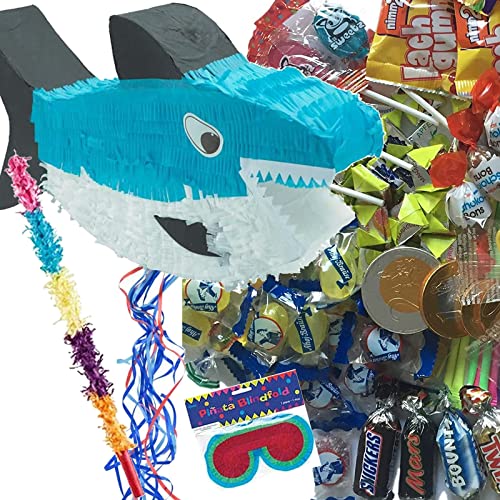 Pinata * Hai * als Spiel und Deko für Kindergeburtstag und Mottoparty | Größe: 50x29x10cm | Pinatas Haifisch Shark Kinder Partydeko, Edition: Pinata mit Stock, Brille, Süßigkeiten von Carpeta