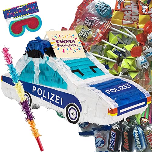 Pinata * POLIZEIAUTO * als Spiel und Deko für Kindergeburtstag und Mottoparty | Größe: 51x23x16cm | Pinatas Polizei Polizist Kinder Partydeko, Edition: Pinata mit Stock, Brille, Süßigkeiten von Carpeta