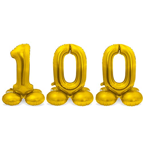 Stehende XXL-Folienballon-Set Zahl 100 in Gold als Deko für Geburtstag, Party und Jubiläum | Höhe: 72cm mit Basis | kein Ballongas notwenig | Zahlen Ballon Dekoration Folienballons einhundert hundert von Carpeta