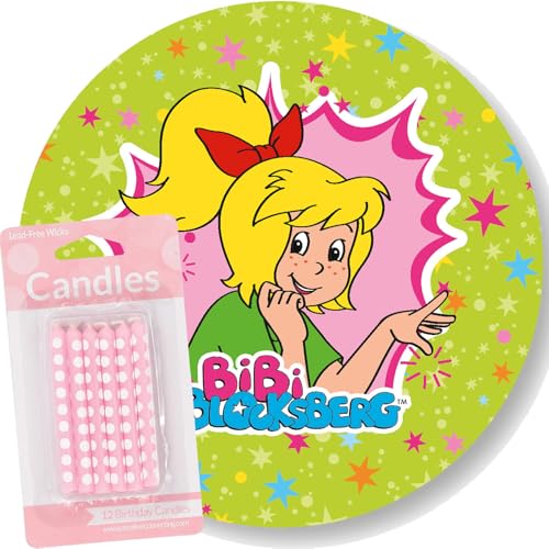 Tortenaufleger + 12 Kuchenkerzen * BIBI Blocksberg * als Kuchendeko zum Kindergeburtstag | Ø20cm-Aufleger aus Esspapier | Kinder Geburtstag Party Deko Kerzen Tortendeko, Stil: Bibi Blocksberg von Carpeta