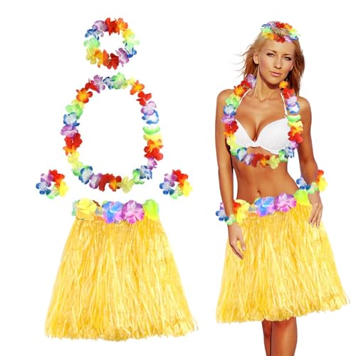 Carreneu Bastrock Hawaii Damen Hawaii Kostüm Hawaii Rock Damen Hula Rock Kostüm Hawaii Damen Bastrock Hawaii Damen für Cheerleading Strand Party Ostern mit 1 Haarblume 1 Halskette 2 Armbänder（Gelb） von Carreneu