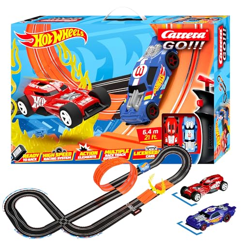 Carrera Go!!! Hot Wheels™ 6.4 Rennbahn Set | Hot Wheels™ vs. Hot Wheels™ HW50 Concept™ |2 Slotcars inkl. 2 Handregler mit Turbo-Knopf | Inkl. Sprungschanze mit Feuerring, Looping, Fly-Over, Kreuzung von Carrera