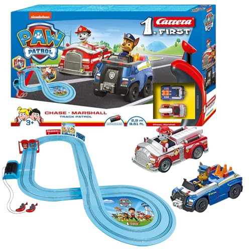 Carrera 20063031 FIRST PAW PATROL Track Patrol 2,4m Rennstrecken-Set | 2 ferngesteuerte Fahrzeuge mit Chase und Marshall | mit Handregler & Streckenteilen | Spielzeug für Kinder ab 3 Jahren von Carrera
