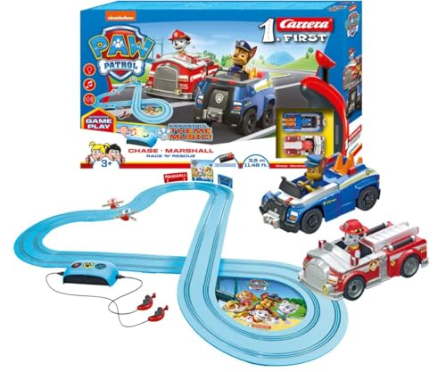 Carrera FIRST PAW PATROL Race 'N' Rescue 2,4m Rennstrecken-Set | 2 ferngesteuerte Fahrzeuge mit Chase und Marshall | mit Handregler & Streckenteilen | Spielzeug für Kinder ab 3 Jahren von Carrera