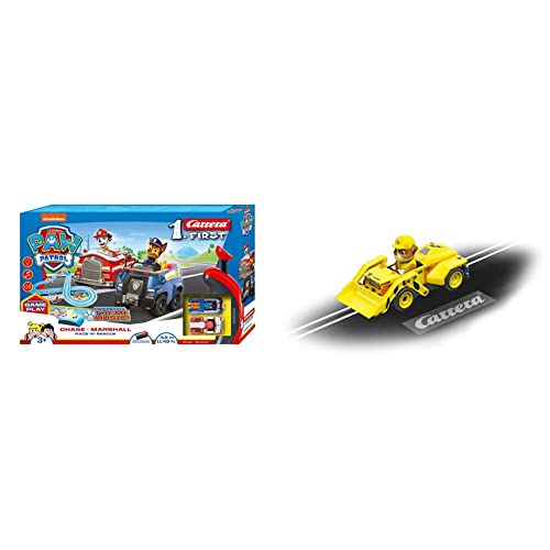 Carrera First PAW Patrol Race 'N' Rescue 2,4m Rennstrecken-Set | 2 ferngesteuerte Fahrzeuge mit Chase und Marshall | mit Handregler & Streckenteilen & 20065025 PAW Patrol - Rubble, Gelb von Carrera