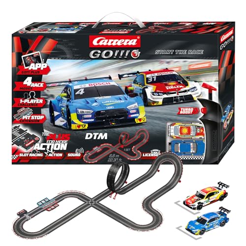 Carrera GO!!! Plus DTM Start the Race Rennbahn Set mit 6,8 m Länge | BMW M4 DTM “S. v. d. Linde” vs. Audi RS 5 DTM “R. Frijns” |2 Slotcars inkl. 2 Handregler mit Turbo-Knopf | App-steuerbar & mit Ton von Carrera