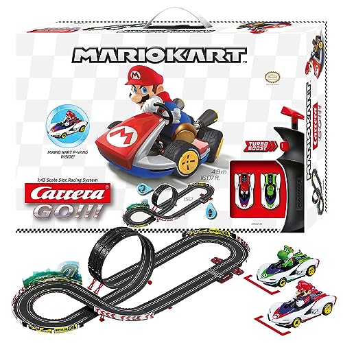 Carrera Go!!! Mario Kart™ - P-Wing Set Rennbahn mit Mario und Yoshi | 2 Slotcars inkl. 2 Handregler mit Turbo-Knopf | Actionreiche 4,9 m Strecke inkl. Looping, Rundenzähler und Mario Kart™ von Carrera