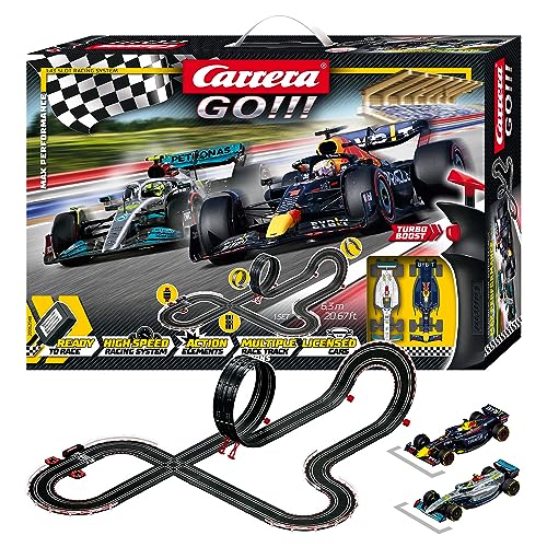 Carrera Go!!! Max Performance | Formel 1 Rennbahn-Set |Max Verstappen vs Louis Hamilton |2 Slotcars inkl. 2 Handregler mit Turbo-Knopf | inkl. Looping, Kreuzung, Fly-Over und Rundenzähler | von Carrera