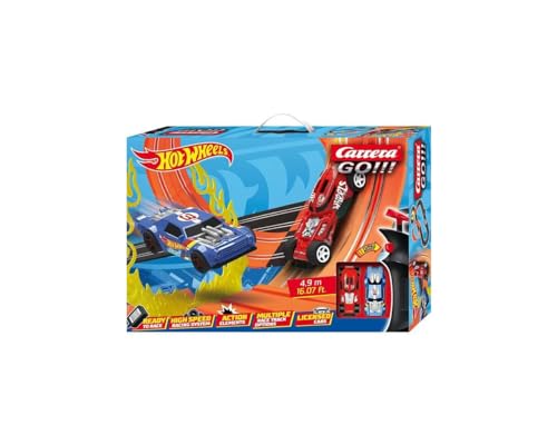 Carrera 20062552 GO!!! Rennstrecken-Set I Hot Wheels I 4,9 m elektrische Rennbahn mit Streckenteilen und Handregler mit Turbo-Button im Maßstab 1:43 I für bis zu 2 Spieler I für Kinder ab 6 Jahren von Carrera