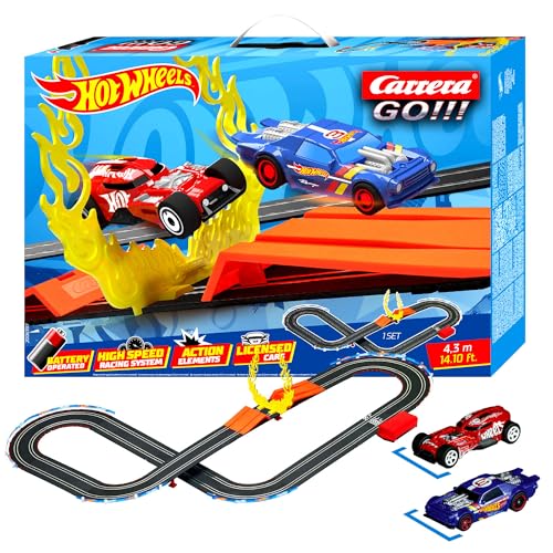 Carrera Go!!! Hot Wheels™ Rennbahn Set | Feurige Rennaction | Duell Night Shifter™ & HW50 Concept™ | Sprungschanze mit Feuerring | 4.3 m Streckenlänge | 1:43 Maßstab| Ab 5 Jahren von Carrera