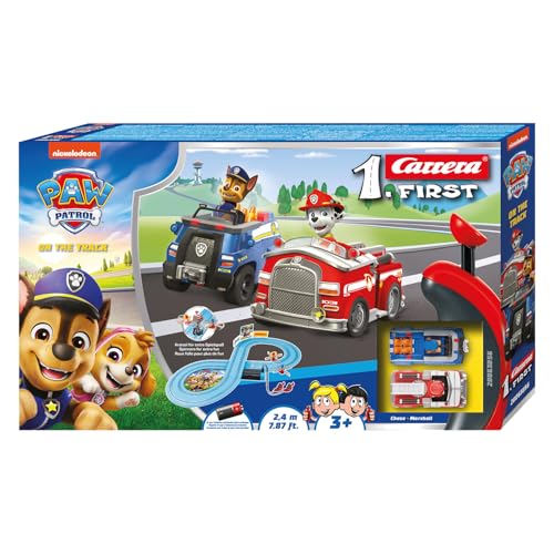 Carrera First PAW Patrol, On The Track – Spielbahn mit Chase & Marshall, kindgerechte Handregler, 2,4 Meter Strecke & interaktive Elemente – Für kleinen Rennspaß und Abenteuer von Carrera