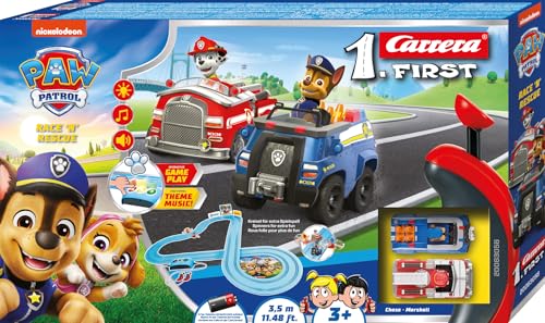 Carrera First PAW Patrol, Race 'N' Rescue – 3,5 Meter Lange Bahn mit Licht-, Sound- & Musikeffekten, interaktive Funktionen – Für aufregende Rettungsmissionen und Abenteuer im Kinderzimmer von Carrera