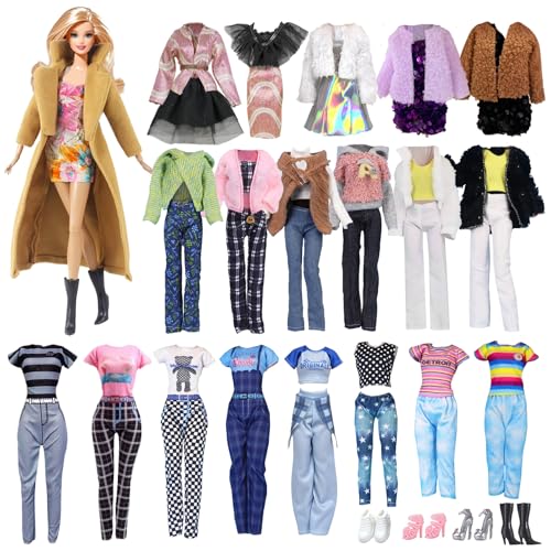 14 Kleidung Kompatibel mit Barbie 11.5inch Puppen, 1 Brauner Mantel 2 Rock 3 Jacke 1 Halbrock 1 Trägerrock 1 Hose 1 Overall 4 Schuhe für 11,5 Zoll Mädchen Puppen Zufällig von Carreuty