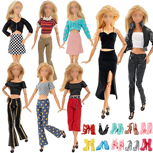 16 Stück Kleidung und Zubehör Kompatibel mit Barbie Puppen 6 Freizeitbekleidung Kleidung( Tops Hosen Oberbekleidung und Kleider ) 10 Paar Schuhe für 11,5 Zoll Mädchen Puppen von Carreuty