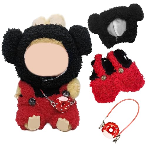 17cm Puppe Kleidung Kompatibel mit Labubu Puppen, Cartoon Tiere Plüsch Kleidung Zubehör Set mit 1 Overall Oberteil Hose Set 1 Schwarze Hut 1 Donut Tasche für Mädchen Kinder Geschenke, Ohne Puppe von Carreuty