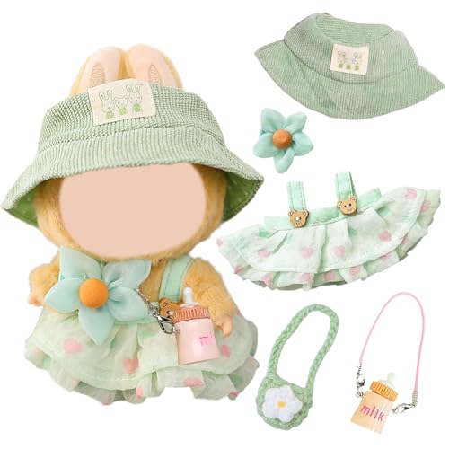 17cm Puppenkleidung Kompatibel mit Labubu Puppen, Sommer Jugend Puppenkleidung Zubehör Set mit 1 Grünes Band Kleid 1 Sonnenschirm Hut 2 Süße Taschen für Mädchen Kinder Geschenke, Ohne Puppe von Carreuty