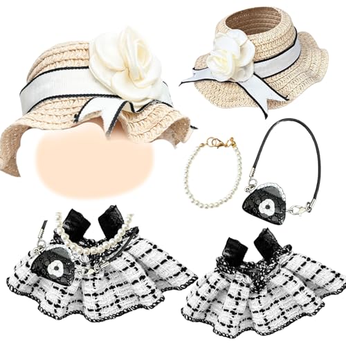 17cm Puppe Kleidung Elegant Puppenkleidung Zubehör Set mit 1 Klassischem Check Kleid 1 Strohstoff Hut 1 Halskette, 1 Blumentasche für Mädchen Geburtstags, Ohne Puppe von Carreuty