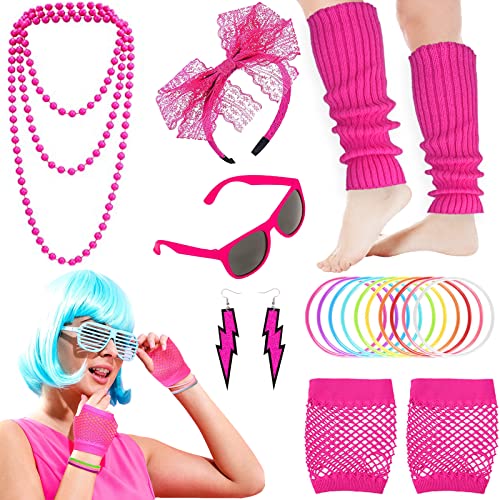 Carreuty 80er Jahre Outfit Damen 80er Jahre Kleidung Kostüm Neon Accessoires Set Blitz-Ohrringen Halskette Fischnetz-Handschuhe Stirnband für Frauen Mädchen Erwachsene 80s 90er Thema Retro Party von Carreuty