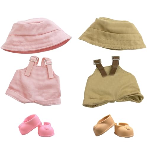 Puppenkleidung 2 Satz Kleidung für 17 cm Puppen, 2 Overall mit verstellbaren Trägern 2 Mütze 2 Paar Schuhe für die 17 cm Mini Plüsch Puppen Plüschpuppe, Nicht im Lieferumfang Enthalten Rosa Braun von Carreuty