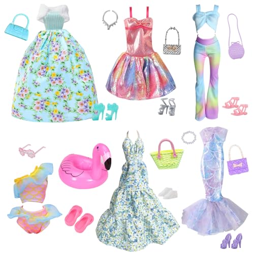 21 Kleidung 1 Grüner Blumenrock 1 Rosa Camisole Kleid 1 Top Hose 1 Blumen Kleid mit hängendem Ausschnitt 1 Meerjungfrau Kleid 1 Badeanzug für 11,5 Zoll Puppen Geschenk von Carreuty