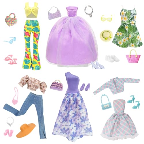 24 Kleidung Set Kompatibel mit Barbie Puppen，1 Violett Abendkleid 1 Kleid Set 1 Florales Freizeit Set 1 Violett Geblümtes Kleid 2 Hawaiianischer Partyanzug, für 11.5 Zoll Puppen Mädchen Geschenk von Carreuty