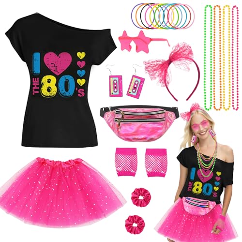 25 Pcs 80er Jahre Outfit Damen Set, 80er 90er Jahre Kostüm mit T-Shirt Tutu Bauchtasche Ohrring Netzhandschuhe Brillen Haarbänder, 80er Retro Neon Party Accessoires für Karneval Neon Party von Carreuty
