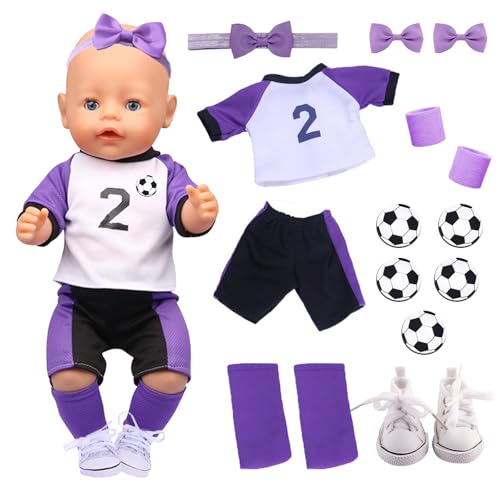 Puppenkleidung für 12-14 Zoll Baby Puppen, 14 Fußball Puppen Kleidung Zubehör mit Shirt Shorts Socken Schuhe Stirnband Haarspange Fußball Aufkleber für 30-35 cm Neu Baby Puppe Kleidung Geschenk von Carreuty