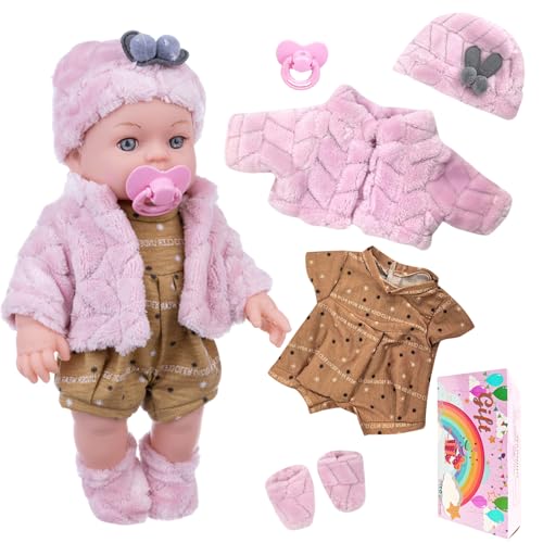 30cm New Baby Puppe mit 5 Pcs Puppenkleidung Enthält Rosa Plüschmantel Braune Latzhose Rosa Plüschmütze und Socken Schnuller,Baby Puppen Spielzeug Set für Mädchen Jungen Geburtstag Geschenk von Carreuty