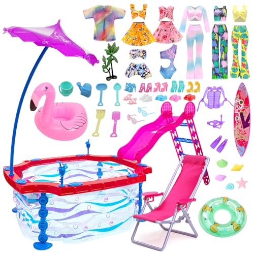36 Pcs Doll Clothes and Accessories Kompatibel mit Barbie Puppen,1 Rutsche Pool 6 Sommer Set Bademoden 1 Tauche Set 1 Liegestühle 15 Schwimmen Surfen Spielzeug Zubehör 10 Schuhefür 11.5 Zoll Puppen von Carreuty