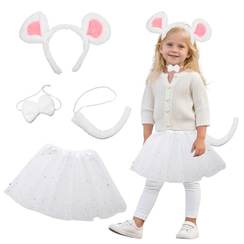 4-teiliges Maus-Kostüm-Set, weiße Maus, Ohren, Stirnband und Schwanz, weiße Maus, Fliege, Tutu, Rock, Tier-Kostüm, Halloween-Zubehör-Set für Kinder, Mädchen, Halloween, Weihnachten, Verkleidung, Party von Carreuty