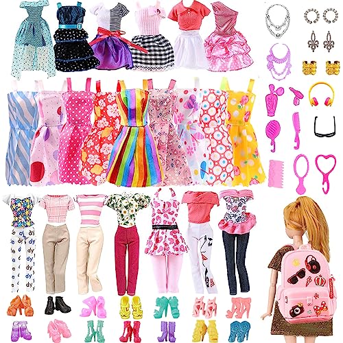 40PCS Puppe Kleidung Outfit für Puppen, Puppenzubehör mit 3 Kleid +5 Tageskleid+ 6 Fashion Tageskleidung+ 10 Paar Schuhe + 15 Schmuck Zubehör + EIN rosa Rucksack für 11,5 Zoll Mädchen Puppen von Carreuty