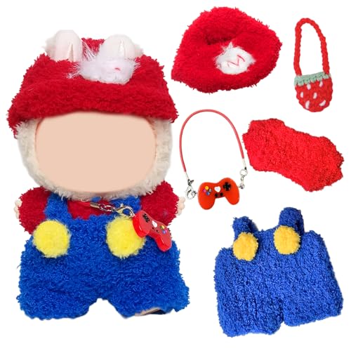 5 Kleidung Kompatibel mit Labubu 17cm Puppen, 17 cm Große Super Brüder Puppenkleidung Include1 Top 1 Lätzchen Hose 1 Hut 1 Tasche 1 Anhänger Mädchen, Puppe von Carreuty