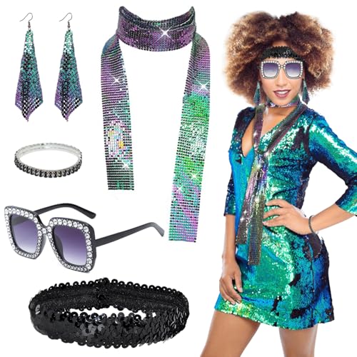 5 Stück Disco Accessoires, 70er Jahre Kostüm Pailletten Stulpen Disco Sonnenbrille Damen Ohrringe Armband Stirnband und Schals 70er 80er Jahre Glitzer Disco Kostüm Festliches Outfit Damen 5 Stück Disco Accessoires, 70er Jahre Kostüm Pailletten Stulpen Disco Sonnenbrille Damen Ohrringe Armband Stirnband und Schals 70er 80er Jahre Glitzer Disco Kostüm Festliches Outfit Damen von Carreuty