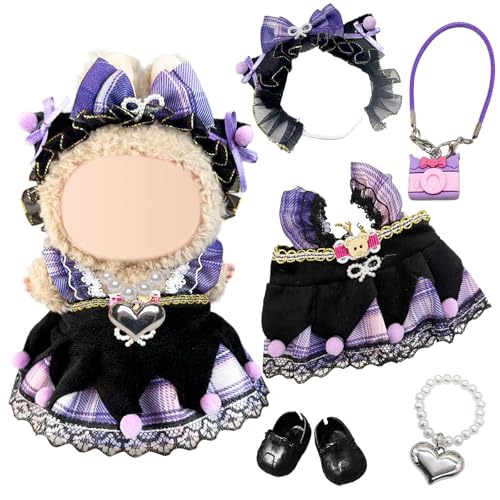 5 Pcs Lolita Kleidung Kompatibel mit Labubu 17cm Plüsch Puppe, lila schwarz Puppe Outfit Zubehör Bogen Kopfbedeckung Rüschen Riemen Rock Trim Schuhe Tasche Halskette Puppe 5 Pcs Lolita Kleidung Kompatibel mit Labubu 17cm Plüsch Puppe, lila schwarz Puppe Outfit Zubehör Bogen Kopfbedeckung Rüschen Riemen Rock Trim Schuhe Tasche Halskette Puppe von Carreuty