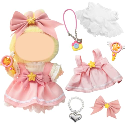6 Stück Puppe Kleidung kompatibel mit Labubu 17cm Puppen, Rosa Kleid Zubehör Sets Enthalten Bluse Riemen Rock Bogen Haar Zauberstab Halskette Anhänger Mädchen Puppe von Carreuty