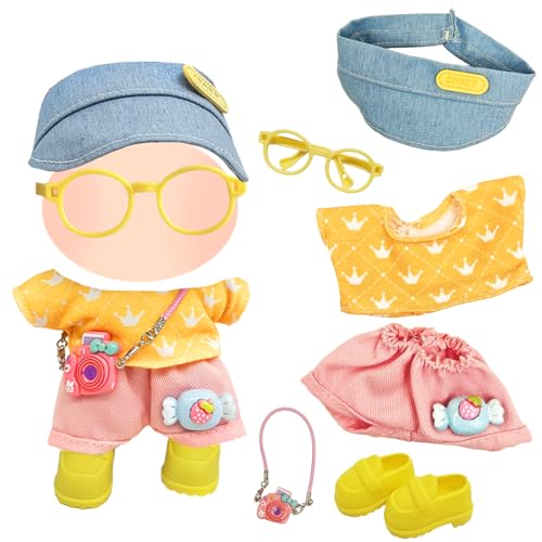 6 Stück Puppenkleidung für 17 cm große Puppen, niedliches lustiges Puppen-Kleidungszubehör-Set mit gelbem Oberteil und rosa Shorts, Schuhe, Kappe, Tasche, Brille, neues Puppen-Outfit für Mädchen und 6 Stück Puppenkleidung für 17 cm große Puppen, niedliches lustiges Puppen-Kleidungszubehör-Set mit gelbem Oberteil und rosa Shorts, Schuhe, Kappe, Tasche, Brille, neues Puppen-Outfit für Mädchen und von Carreuty