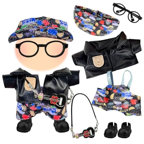 6 Stück Kleidung für 17 cm Plüschpuppen, Schwarze Rocker Bekleidung Puppenkleidung Outfits Zubehör umfasst 1 Lederjacke 1 Hose 1 Hut 1 Brille 1 Paar Schuhe und 1 Gitarre, ohne Puppe von Carreuty