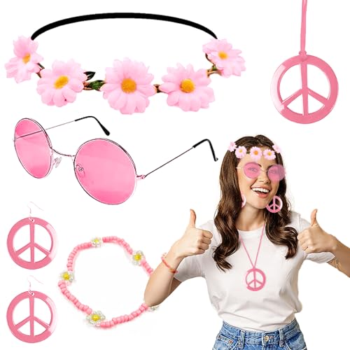 6-teiliges Hippie-Kostüm-Zubehör-Set, 60er-/70er-Jahre-Kostüm-Set für Mädchen und Frauen, Sonnenbrille, Blume, Stirnband, Friedenszeichen, Halskette, Ohrringe, Armbänder, von Carreuty