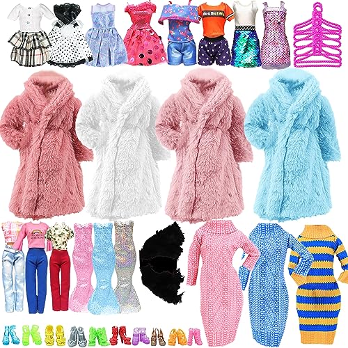 68Pcs Kleidung Kompatibel mit Barbie Puppen, 7 Kleider 5 Sets Oberteile und Hosen 1 Pullover 1 Nachthemd 1 Kurzhaarmantel 10 Paar Schuhe 28 Puppenzubehör für 11,5 Zoll Mädchen Puppen Zufällig von Carreuty