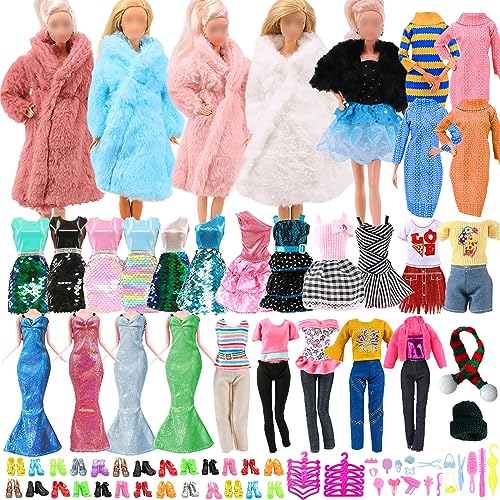70 Kleidung für 11.5 Zoll Puppen 7 Fashion Kleider 5 Tops 5 Hosen 1 Pullover 1 Plüschjacke Set 1 Plüschoberteil 1 Schals 1 Hüte 10 Paar Schuhe 10 Kleiderbügel 18 Zubehör für 11,5 Zoll Puppen von Carreuty