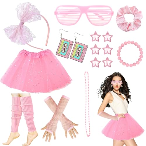 80er Jahre Verkleidung für Damen, 1980er Jahre Fancy Party Kostüm Zubehör Set Tutu Rock Beinstulpen Fischnetz Handschuhe Spitze Schleife Stirnband Clips Haarbänder Brille Ohrringe Halskette Armband von Carreuty