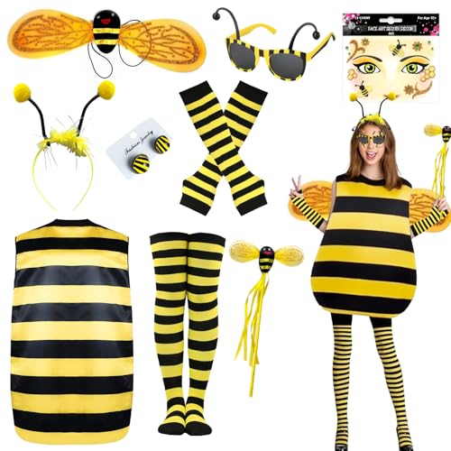 9 Stück Bienen Kostüm Damen, Biene Maja Kostüm Erwachsene Enthalten Bienenflügel Haarbänder Feenstäbe Brillen Strümpfe Handschuhe Kleidung Aufkleber Ohrring für World Book Day Cosplay für Mädchen von Carreuty