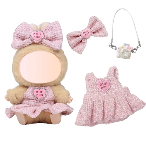 Kleidung Kompatibel mit Labubu Puppen, Kutte Outfit Schleife Clips Tasche nur Bekleidungs für die 17 cm Mini Plüsch Puppen Plüschpuppe, Nicht im Lieferumfang Enthalten (Rosa) von Carreuty
