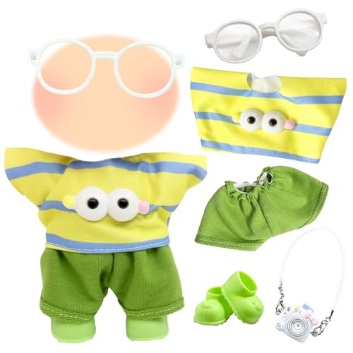 5 Stück 17cm Mini Grün Niedlich Puppen Kleidung Set, Puppenkleidung Outfit Zubehör mit Hemd Hose Schuhe Kamera Brille Plush Toy Keychain Puppen Kleidung für Jungen Mädchen DIY Geschenk Halloween von Carreuty