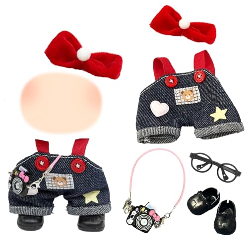 Kleidung 17 cm Puppen, 17 cm Mini Plüsch Puppen Plüschpuppe Modische Anziehsachen Zubehör mit Bär Denim Latzhose Brille Schleife Haarband Schuhe DIY Kinder Geschenke Mädchen von Carreuty
