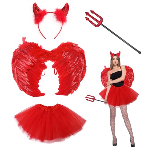 4 Stück Teufelskostüm für Damen Herren, 40cm Engelsflügel Rot mit Tütü Rock Teufelshörner Zauberstab, Engel Teufelkostüm Accessoires für Halloween Karneval Cosplay Party Fasching Verkleidung 4 Stück Teufelskostüm für Damen Herren, 40cm Engelsflügel Rot mit Tütü Rock Teufelshörner Zauberstab, Engel Teufelkostüm Accessoires für Halloween Karneval Cosplay Party Fasching Verkleidung von Carreuty