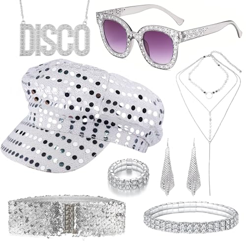 8 Stück 70s Disco Accessoires, 70er jahre Kostümzubehör mit Pailletten Hut Sonnenbrille Ohrringe Armband Gürtel 1970s retro Hippie Kostüm für Karneval Thema Party Silvester Outfit 8 Stück 70s Disco Accessoires, 70er jahre Kostümzubehör mit Pailletten Hut Sonnenbrille Ohrringe Armband Gürtel 1970s retro Hippie Kostüm für Karneval Thema Party Silvester Outfit von Carreuty