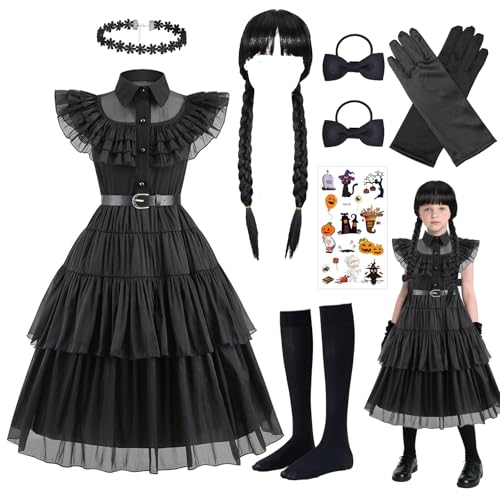 Carreuty 8-teiliges schwarzes Prinzessinnen-Kostüm-Set für Mädchen, schwarze Familien-Outfits für Kinder mit Perücken, Handschuhen, Socken, Haarbändern, Tattoos, Gothic-Stil, Schulverkleidung für Carreuty 8-teiliges schwarzes Prinzessinnen-Kostüm-Set für Mädchen, schwarze Familien-Outfits für Kinder mit Perücken, Handschuhen, Socken, Haarbändern, Tattoos, Gothic-Stil, Schulverkleidung für von Carreuty
