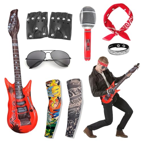 Carreuty 9-teiliges Rocker-Kostüm-Set im Punk-/Gothic-Stil, Rockstar-Zubehör-Set mit Retro-Sonnenbrille, Bandana, 2 Ärmeln, Armband, 2 Handschuhen, aufblasbare Gitarre und Mikrofon für Männer, Frauen von Carreuty