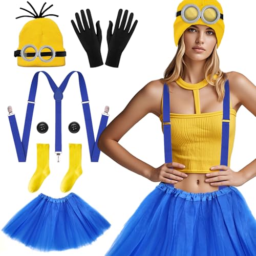 7-teiliges gelbes Kostüm für Erwachsene, Welttag des Buches, Kostüm mit Brille, blauer Schultergurt, schwarze Handschuhe, gelbe Mütze, Socken, Tutu, Rock, Knöpfe für Halloween, Cosplay, Party, von Carreuty